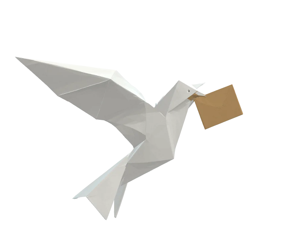 CherAmi’s origami pigeon carrying a letter.
